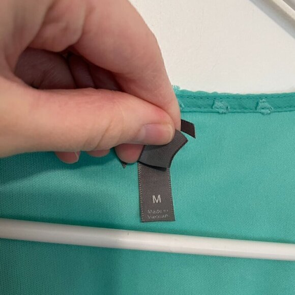 VANITY Aqua Seafoam Green Blue Swiss Dot Textured Mini Surplice Faux Wrap Dress - Picture 5 of 16